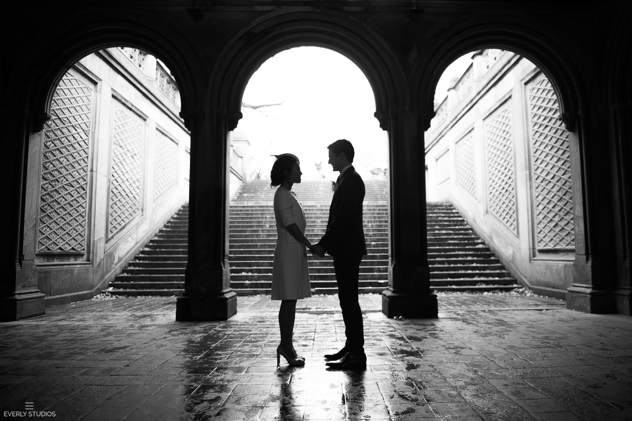 New York Central Park elopement photos at Bow Bridge, Bethesda Terrace and The Mall. Photos by New York wedding photographer Everly Studios, www.everlystudios.com